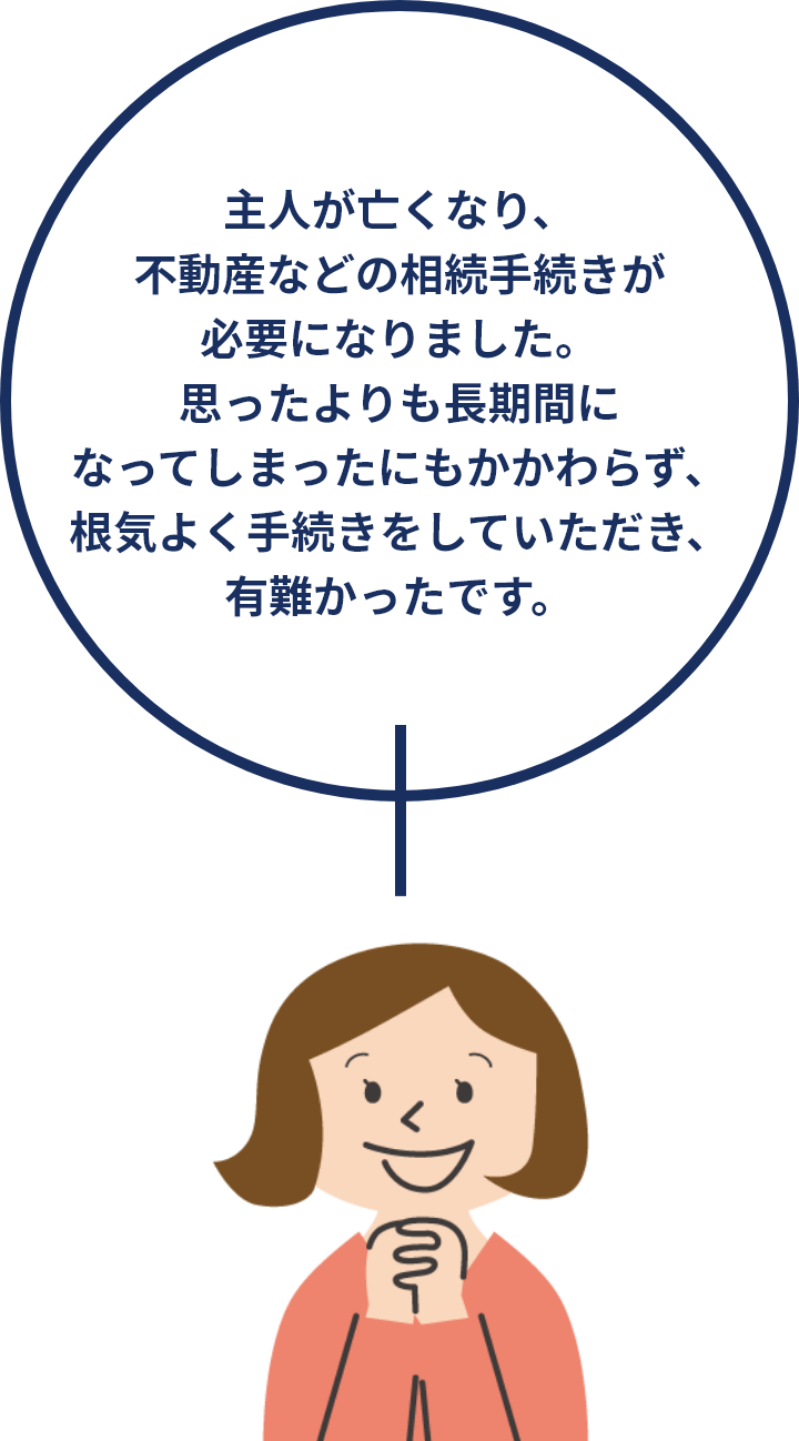 主人が亡くなり、不動産などの相続手続きが必要になりました。思ったよりも長期間になってしまったにもかかわらず、根気よく手続きをしていただき、有難かったです。