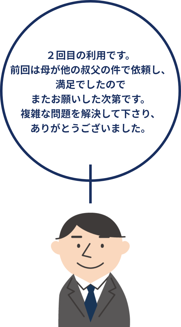 ２回目の利用です。前回は母が他の叔父の件で依頼し、満足でしたのでまたお願いした次第です。複雑な問題を解決して下さり、ありがとうございました。
